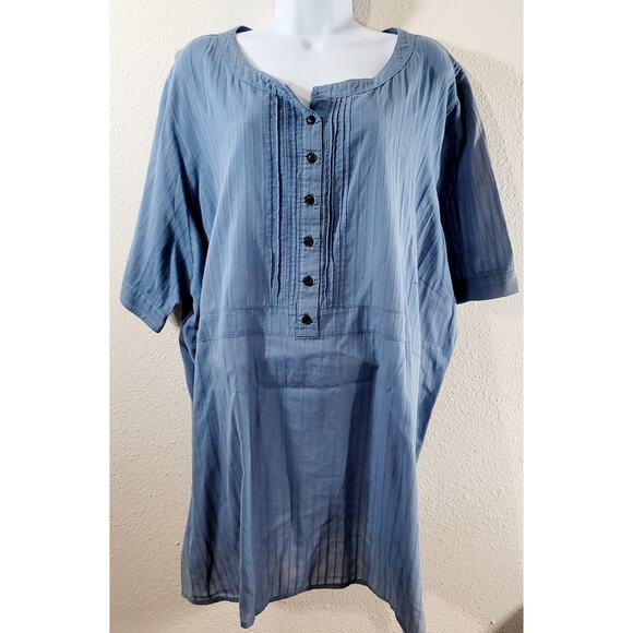 Avenue Blue Striped Henley Short Sleeve Top 32W Plus Lightweight Rounded Hem - Picture 1 of 6